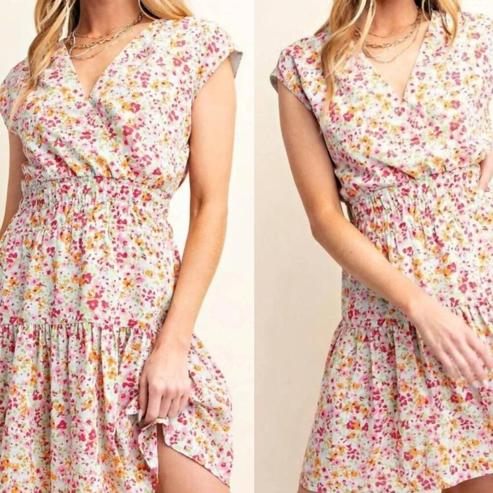 Kori Sage Combo Dress‎ Mini Elastic Shirring V-Neck Sleeveless Lined Floral - Picture 3 of 16